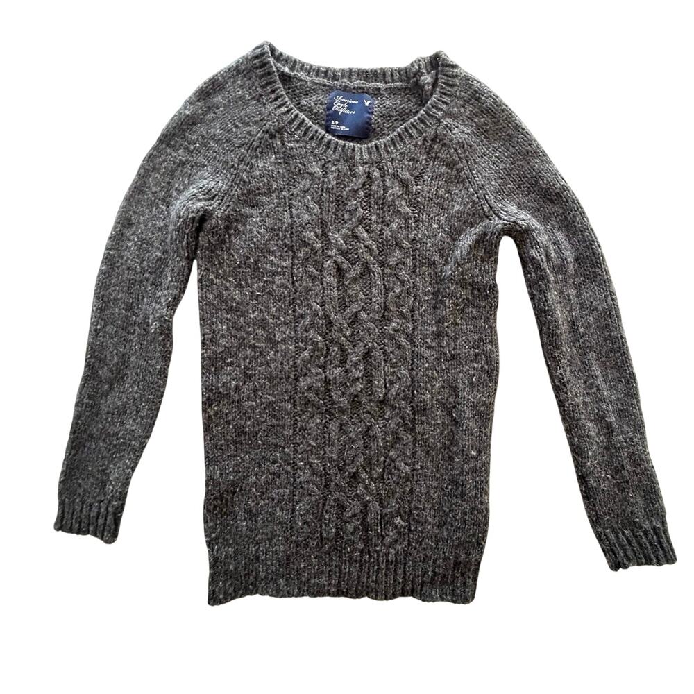 Y2K American Eagle cableknit wool alpaca blend sweater gray sz S preppy heritage